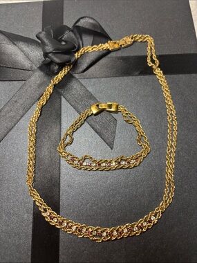 7 3/4” Gold-Tone Braided Chain Bracelet & 18” Necklace with Pink Clear Crystals